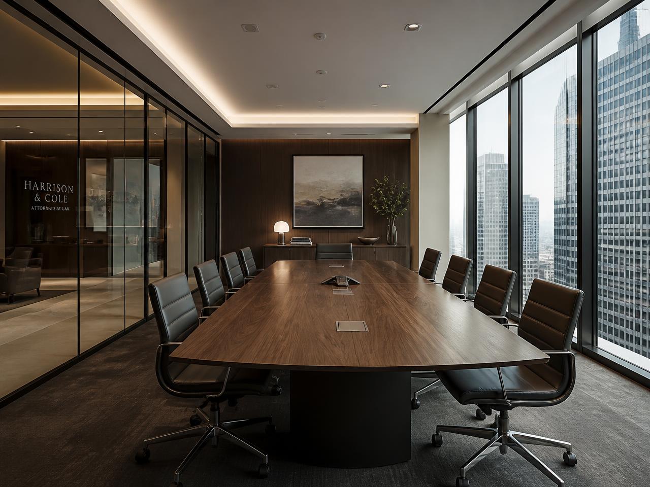 Executive glass conference room with walnut table and city view