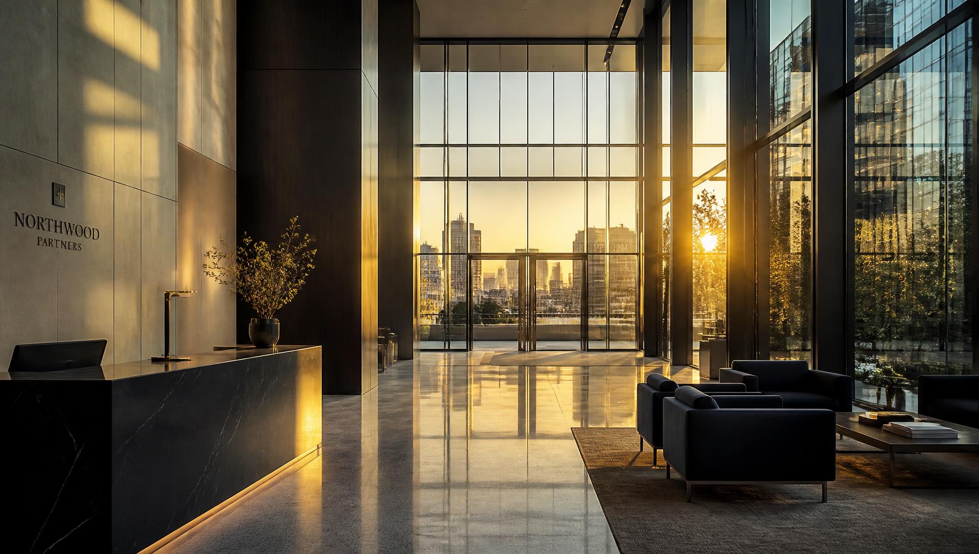 Modern corporate office lobby with glass architecture at golden hour