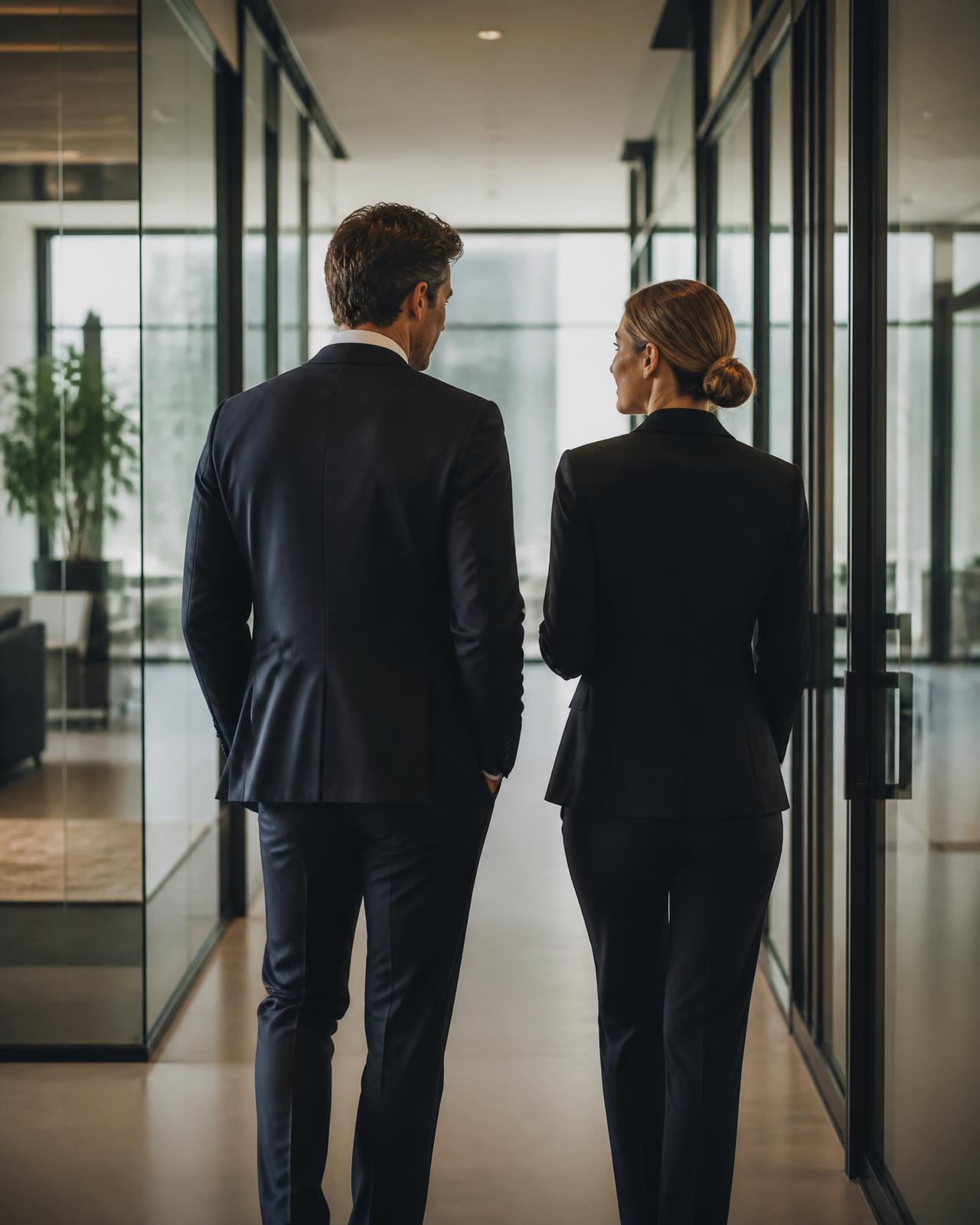 Two professionals in tailored suits walking through a modern glass office corridor