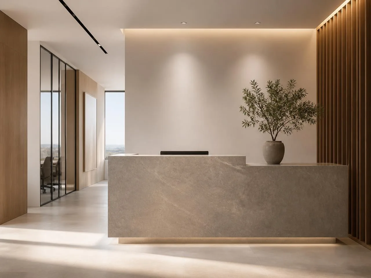 Janitorial services NYC — polished reception desk in a professional Manhattan office